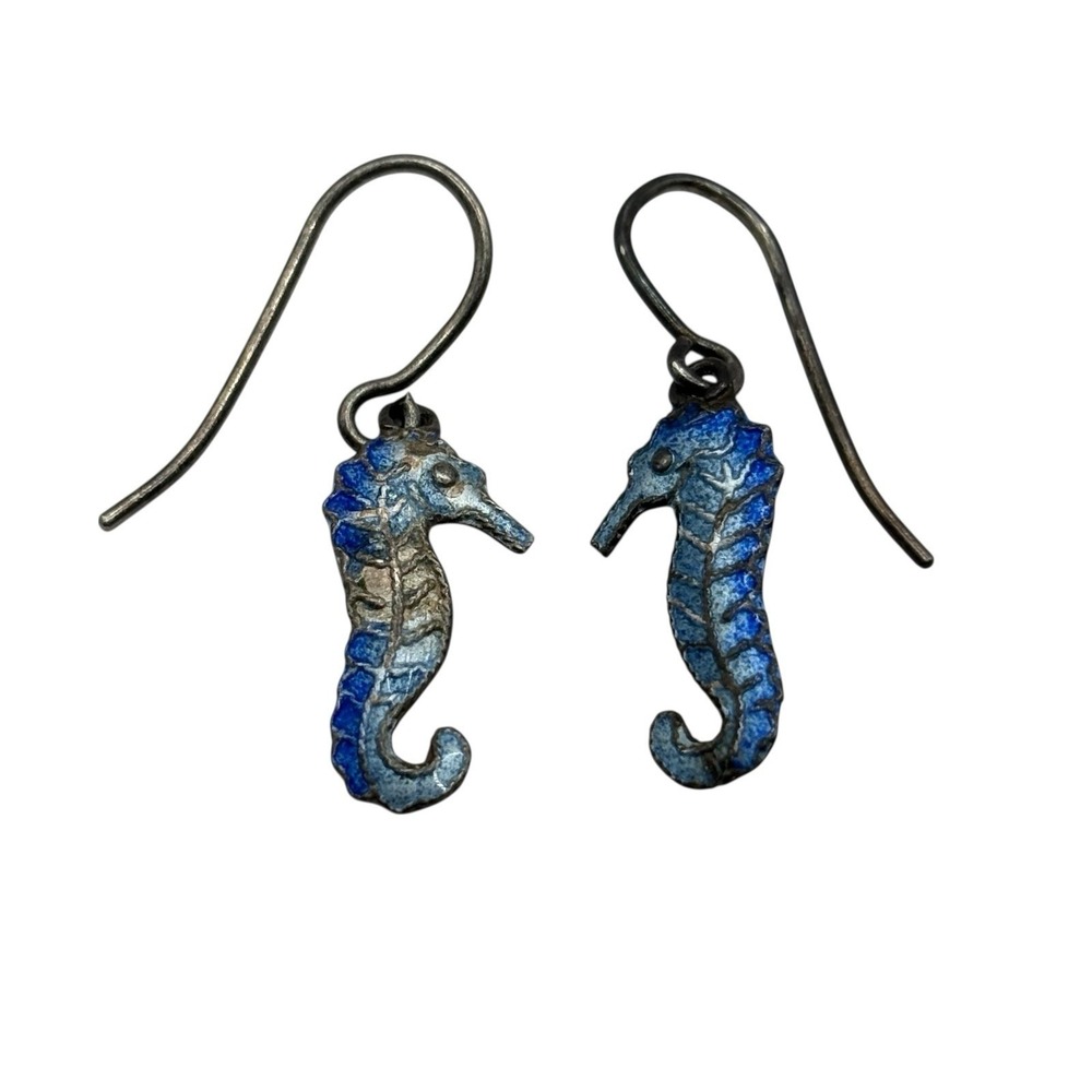 Sterling Silver Seahorse Earrings 925 Blue Enamel Vintage Sea Life Nautical READ